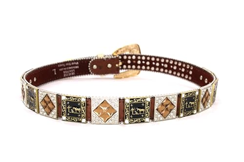 Genuine Leather Belt for Women & Cowboy Big Rhinestone With Engraved Buckle Country Style Gold 50514