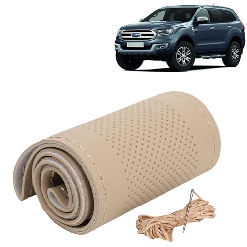 Image of KINGSWAY PU Leatherite Car Steering Cover Sewable Compatible with Ford Endeavour (Year 2015-2018), Beige Color with Beige Thread, Pack of 1 with Sewing Needle and Thread