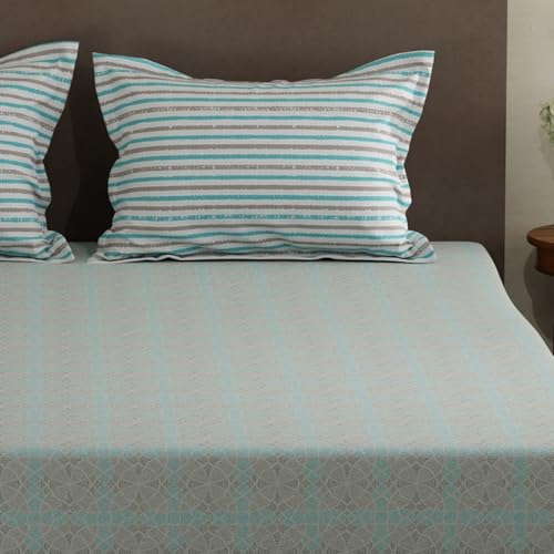 Image of Layers 100% Cotton Double Size Bedsheet Set | Blue Geometric Print | 120 TC Forever Collection | Soft & Breathable | Washable Bedsheet with 2 Pillow Covers | All Season