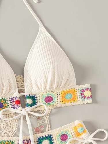 Women's Floral Embroidery Halter Padded Bikini Set Cut Out Boho Bathing Suit Swimsuit3