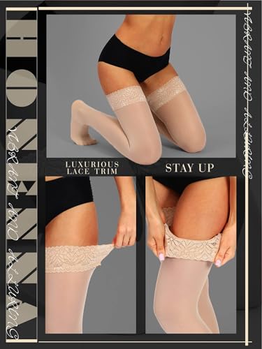 Image of HONENNA Semi Sheer Stay Up Lingerie Thigh High Stockings Lace Top Size A-F