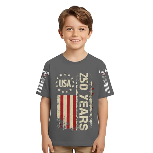 Camiseta patriótica de verano para niños y niñas, de manga corta, casual, ajuste holgado, a la moda, lindas y geniales, camisetas para niños y niñas, gris oscuro, 12-2 Years