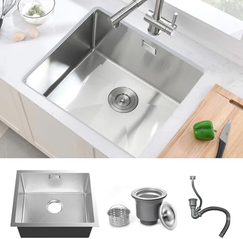 Fregadero Cocina 50 x 45 cm, Fregadero Bajo Encimera, Fregadero Acero Inoxidable Con Rebosadero Y Escurridor, Instalación Empotrada O Sobre Encimera (Acabado Cepillado)