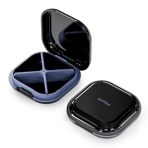 ONTERATE Pastillero Diario Con 4 Compartimentos, Pastillero de Viaje Portátil, Mini Pastillero Para Bolsillo de Bolso, Organizador Compacto de Medicina de Viaje para Vitaminas, Suplementos (Negro)