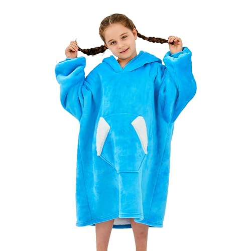 Ramees Wearable Blanket Hoodie for Kids, Sherpa Oversized Sweatshirt Blanket Flannel with Hood Pocket and Sleeves (Blue)