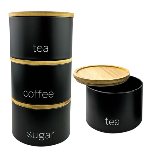 SAFRI 3 Pieces Jar with Wooden Lid Tea Coffee Sugar Canister Storage Container Bowl Pots Kitchen Storage Tins (Black)