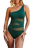 LOV ANNY Women's Sexy One Sloping Shoulder Swimsuit Swimwear High Cut Tummy Control Bathing Suits Gauze Mesh Matching Spaghetti Straps Monokinis Jasper M