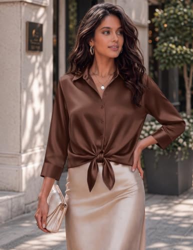 Image of Zeagoo Womens Satin Blouses Button Down Shirts 3 /4 Sleeve Dressy Tops S-2XL