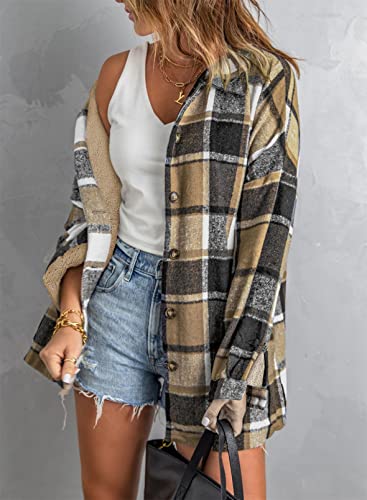 Shewin Women's Flannel Shirts Winter Long Sleeve Plaid Lapel Casual Button Up Sherpa Shacket Warm Fleece Lined Jacket Coats,Us 8-10(M),Yellow #TOP1