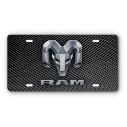 Front Vanity Plate for Ram Vehicles - Mopar Officially Licensed - Brushed Stainless Steel with Mounting Holes (Simulated Carbon)