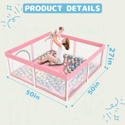 TOREVSIOR Foldable Baby Playpen with Mat, 50\"×50\" Foldable Playpen for Babies and Toddlers, Indoor & Outdoor Kids Safety Play Pen, Portable Play Yard, Foldable Baby Playpen with 50 Ocean Balls - Thumbnail 3