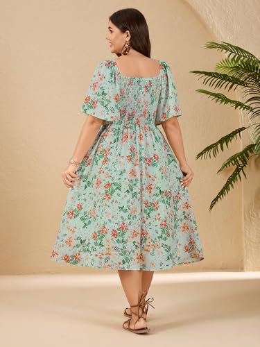 Image of SCOMCHIC Plus Size Summer Dress Casual Short Sleeve Bow Tie Deep V Neck Smocked Button Down Midi Flowy A-line Boho Dresses