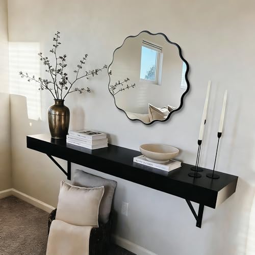 Image of Small Black Wavy Round 17 inch Scalloped Modern Wall Vanity Decor Mirror