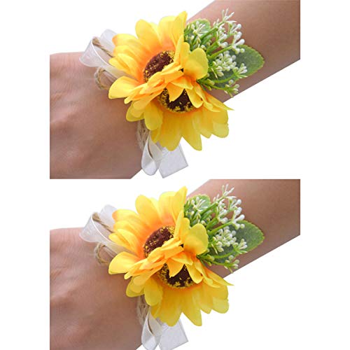 Fiwisora Sunflower Wrist Corsage 2 Pcs Set Wedding Bridal Corsage Bridesmaid Wrist Flowers Wristband for Wedding Prom Party Homecoming Graduation Dancing