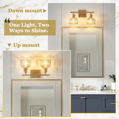 Image of 2-Light Amber Tulip Glass Vanity Light, Brushed Gold Vintage Bathroom Wall Sconce, 14.5 inch Antique Brass Wall Lamp for Mirror, Powder Room, Bedroom (Individual Rotary Switches, Bulbs Not Included)