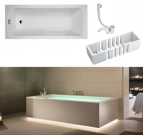 VBChome Badewanne 170 x 70 cm Weiß Acryl Platz für LED-Beleuchtung Styroporträger Wannenträger Siphon Wanne Rechteck Design Modern Ablaufgarnitur in Chrom