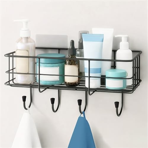 Image of amazon basics Self Adhesive Bathroom Shelf for Wall, Bathroom Organiser Without Drill, Rust Resistant Wall Mounted Bathroom Rack for Shampoo, Soap & Toiletries, Black, Pack of 1