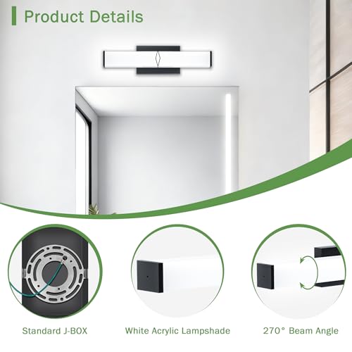 Image of 16 Inch Bathroom Vanity Light 2000LM, 5700K Daylight White Modern Bathroom Light Dimmable, AC 120V 20W Matte Black LED Vanity Lighting Fixtures Wall Sconce ETL Certified, 1Pack