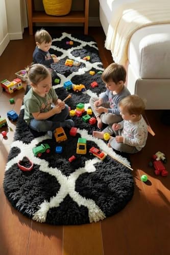 Image of Fluffy Silky Micro Fiber Polyster Carpet /Runner for Bedroom, Study Room, Playing Room, Guest Room ETC. 2x4 Feet, (Black and Ivory M II)