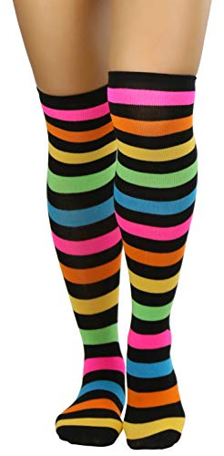 Image of ToBeInStyle Women's Bright Vibrant Rainbow Striped Thigh High Rave Stockings