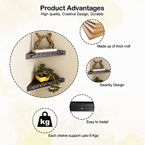 Image of Home Sparkle Engineered Wood Corner Shelf | 2 Set Wall Mounted Decorative Wall Shelve | Floating Corner Shelves for Bedroom, Living Room, Bathroom, Bookshelf - Black