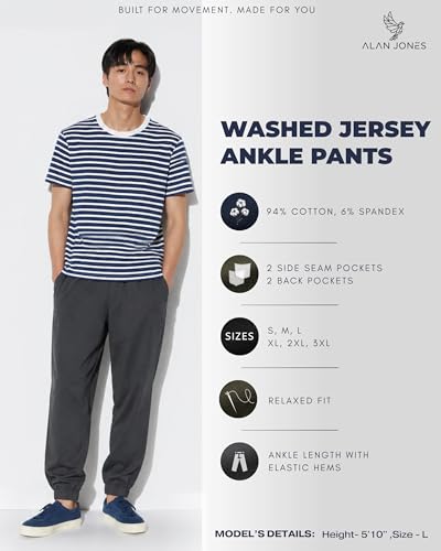 Image of Alan Jones Clothing Mens Washed Jersey Cotton Joggers Pants | Soft Stretch Cotton | Ankle Length with Elastic Hems