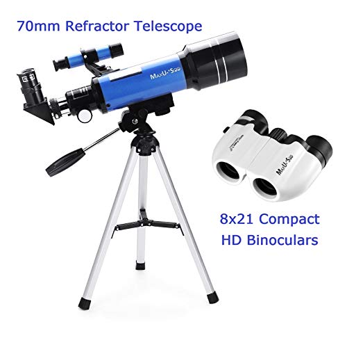 MaxUSee 70mm Refractor Telescope + 8X21 Compact HD Binoculars for Kids and Astronomy Beginners, Travel Telescope for Moon Stars Viewing Bird Watching Sightseeing - Thumbnail 2