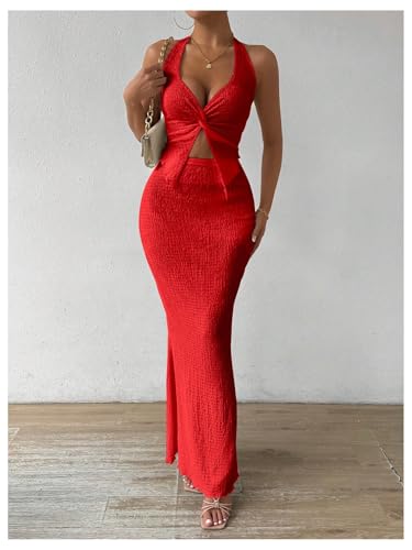 Image of SOLY HUX Women's Two Piece Outfits Twist Front Halter Cami Tops and Skirt Summer Set