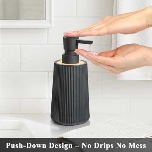 Image of Black Hand Soap Dispenser Set with Bamboo Decor and No Rust Pump for Bathroom and Kitchen Countertops Refillable Striped Matte Plastic 8.5 oz