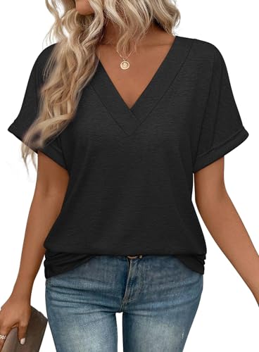 ATHMILE V Neck T Shirts for Women Summer Tops Soft Casual Short Sleeve Cute Basic Trendy Outfits 2025