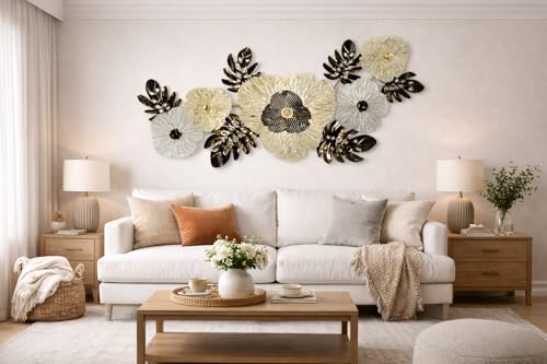 Image of F-RIQA METAL Luxury 3D Metal Wall Art - Golden & BLACK Floral Design | Modern Handcrafted Wall Sculpture for Living Room, Bedroom & Office | Iron Wall Decor Frame (42 x 20 Inch) (GOLD LEAF)