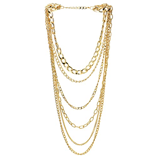 Statement Necklace Waterfall Multi-Strand Curb Link Rolo Chains, Punk Rock Cool, Light Weight