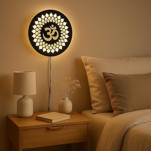 Image of Om LED Backlit Mandir Decor | Moon Wall Lights for Home Decoration | Wall Lamps for Bedroom & Living Room | No Adapter Required