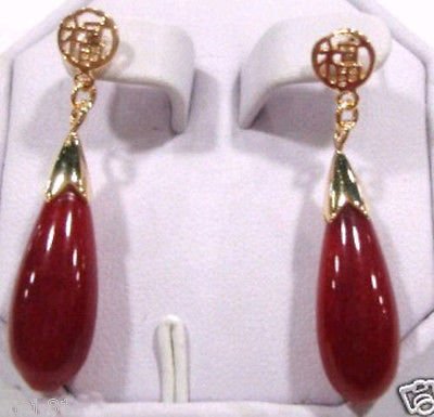 18k Yellow Gold Plated GOOD FORTUNE Dangle Teardrop Red Jade Stud Earrings