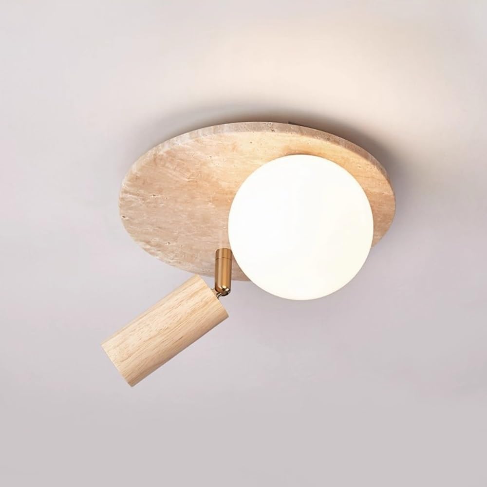 ITOSUI Travertine Ceiling Light, Flush Mount Ceiling Lamp, Wood Spotlight Fixture, Glass Globe Lighting, ch Natural Stone, Solid Wood, Nordic Style for Hallway, Aisle, Entrance(Natural Wood Color)