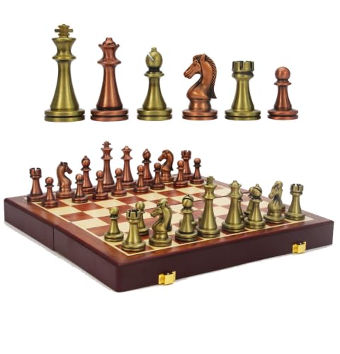 Image of 15.35'' Premium Retro Metal International Chess Board Set Vintage Brass Chess Pieces Wooden Checker Board Portable Folding Travel Chess Gift Box for Beginners and Professional Players