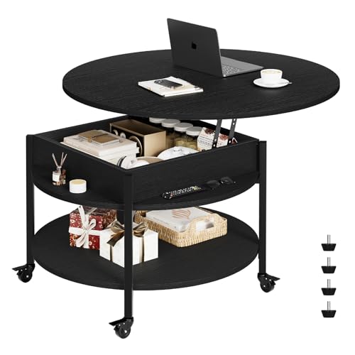 FABATO Round Lift Top Coffee Table with Wheels, Circle Center Table with Storage and Compartment, 26.77’’ Rolling Coffee Table for Living Room, 2 Tier Small Coffee Tables Circle Dining Table, Black