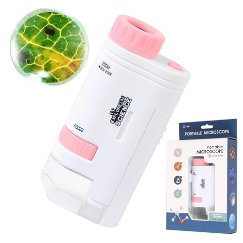 Aunifun 子供用顕微鏡ポケット ハンドヘルドミニスコープ 80X-200X ポータブル顕微鏡 LEDライト付き 学習/教育/探検用 (ピンク)
