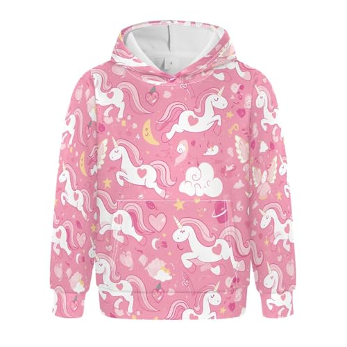Seamless Pink unicorns Pattern Illustration Kids Boys Girls Sweatshirts Long Sleeve Pullover Top Streetwear with Kangaroo