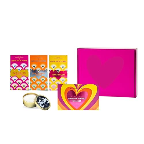 Chocolates Marcos Tonda - Chocolates para Regalar en San Valentín | Lote Especial Agatha Ruiz de la Prada | Contiene una Vela, 3 Tabletas de Chocolate y Bombones