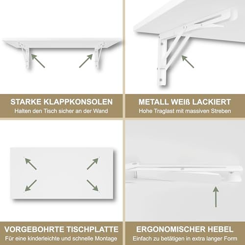KDR Wandklapptisch 80x40 cm klappbar – Klapptisch zur Wandmontage, platzsparender Wandtisch, klappbarer Esstisch, Schreibtisch & Küchentisch, ideal für kleine Räume und Home Office (Weiß)