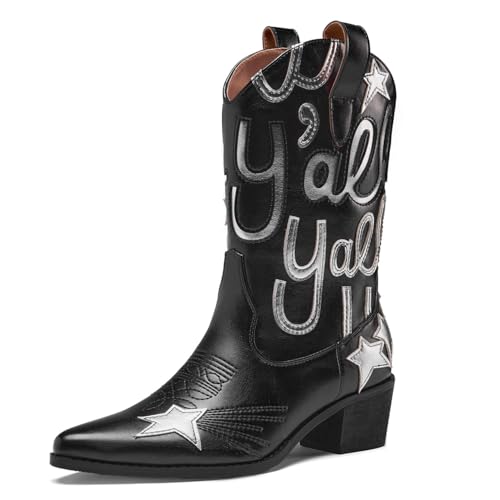 Image of Metallic Cowboy boots for Women Embroidered Mid Calf Womens Cowgirl Boots Western Pointed Toe Chunky Heel