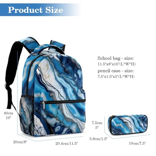 Sac d'école ergonomique texture marbre bleu avec trousse assortie