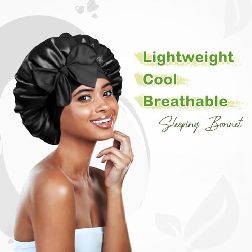 Image of BONNET QUEEN Silk Bonnet for Sleeping Women, Satin Bonnet for Curly Hair, Night Sleep Cap with Adjustable Tie Band, Soft Hair Bonnet Head Wrap for Natural Hair Care, Double Layer, Medium, Black