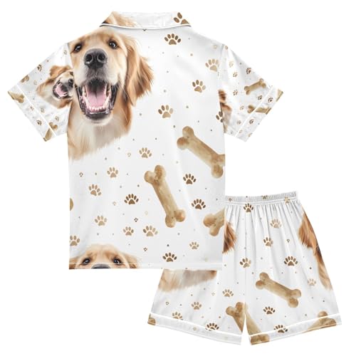 senya Dog Biting Bone Satin Summer Pajama Sets Silk Short Sleeve Button Down Sleepwear2