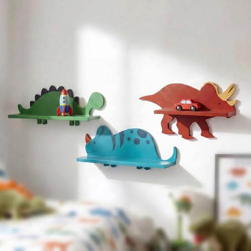 Pinkunn 3 Pcs Dinosaur Wooden Wall Shelf Decorative Dinosaur Bookshelf Triceratops Iguanodon Stegosaurus Wall Shelf with Hanging Pegs Dino Nursery Decor for Boys Room 3 Styles