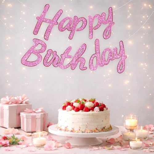 Image of Rozi Decoration Happy Birthday Pink Glitter Cursive Banner for Party Decoration, Paper Cardstock Hanging Banner for Kids and Adults, Birthday Celebration Decor for Home and Events