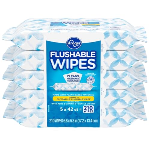 Flushable Wipes 5 Pack (210 Total Wipes) – 42 Count Soft Moist Toilet Wipes, Septic & Sewer Safe, Aloe & Vitamin E, Gentle Cleansing Wet Wipes for Adults & Family Bathroom Use