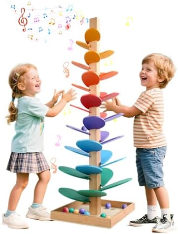 WRQIOO Kugelbahn Holz, 30 Regenbogen Klangbaum, Murmelbahn Holz | Klangbaum Holz, Montessori Spielzeug Ab 3 Jahre mit 10 Bälle, Montessori Regenbogen, Motorikspielzeug für Mädchen