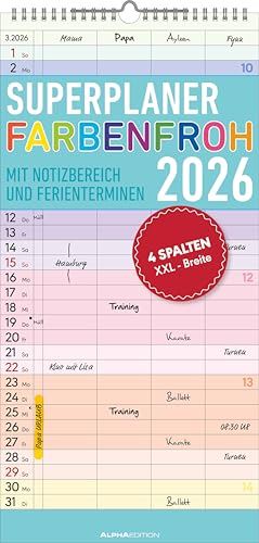 Superplaner Farbenfroh 2026 mit 4 Spalten - Familien-Timer 22x45 cm - Offset-Papier - mit Ferienterminen - Wand-Planer - Familienkalender - Alpha Edition